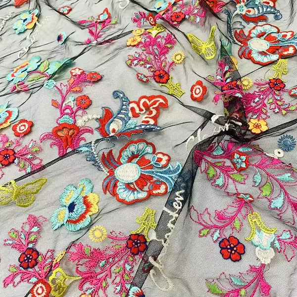 Wholesale Embroidery Birds And Flowers Pattern Chemical Lace Embroidery Tulle Fabric