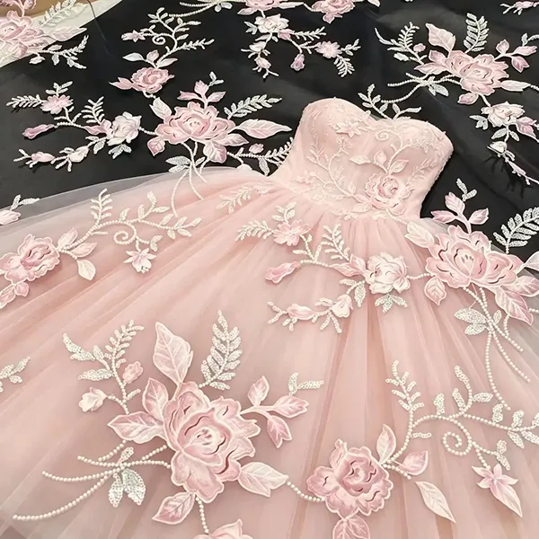 3d Embroidery Flower Applique Beads And Sequins Embroidered Lace Fabric