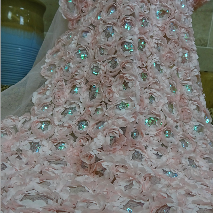 3d Rose Wedding Fabric Flowers Rug Soft Bridal Dress Feather Lace Fabric With Sequin